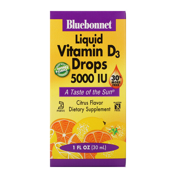 Bluebonnet Nutrition, капли витамина D3, с натуральным цитрусовым вкусом, 5000 МЕ, 30 мл (1 жидкая унция)