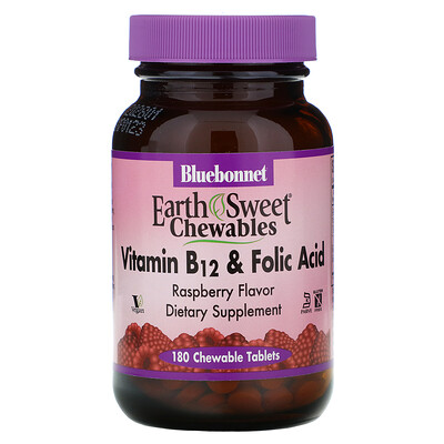 Bluebonnet Nutrition EarthSweet, витамин B-12 и фолиевая кислота, натуральный малиновый ароматизатор, 180 жевательных таблеток