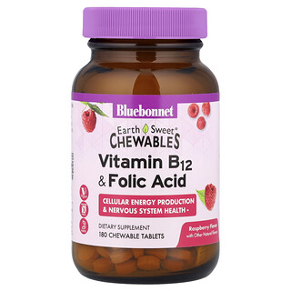 Bluebonnet Nutrition, Masticables de EarthSweet, Vitamina B-12 & ácido fólico, con sabor natural a frambuesa, 180 cápsulas masticables.