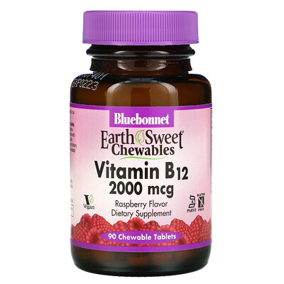 Bluebonnet Nutrition Жевательные таблетки «EarthSweet», витамин B12, натуральный вкус малины, 2000 мкг, 90 шт.
