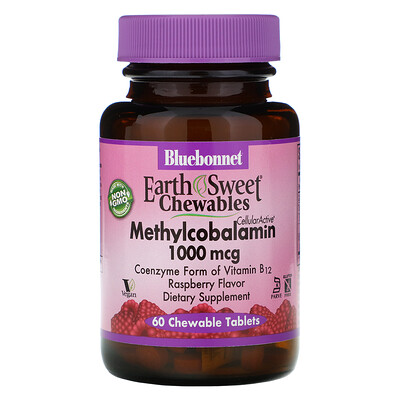 Bluebonnet Nutrition EarthSweet Chewables, Methylcobalamin, Natural Raspberry Flavor, 1,000 mcg, 60 Chewable Tablets