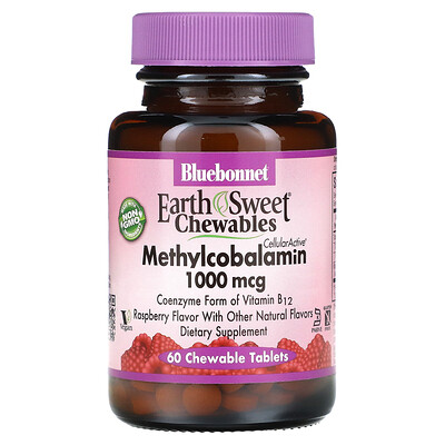 Bluebonnet Nutrition EarthSweet жевательные таблетки метилкобаламин натуральный малиновый вкус 1000 мкг 60 жевательных таблеток
