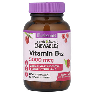 Bluebonnet Nutrition, Compresse masticabili Earth Sweet®, vitamina B12, lampone, 5.000 mcg, 60 compresse masticabili