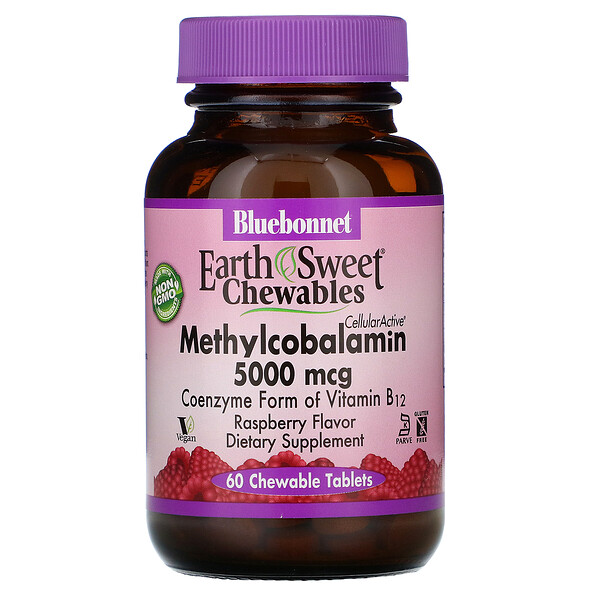 Bluebonnet Nutrition‏, EarthSweet Chewables, CellularActive Methylcobalamin, Raspberry Flavor, 5,000 mcg, 60 Chewable Tablets