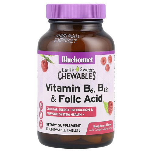 Bluebonnet Nutrition Earth Sweet® Chewables, Vitamin B6, B12 & Folic Acid, Raspberry, 60 Chewable Tablets