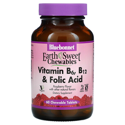 

Bluebonnet Nutrition Earth Sweet Chewables Vitamin B6 B12 & Folic Acid Raspberry 60 Chewable Tablets
