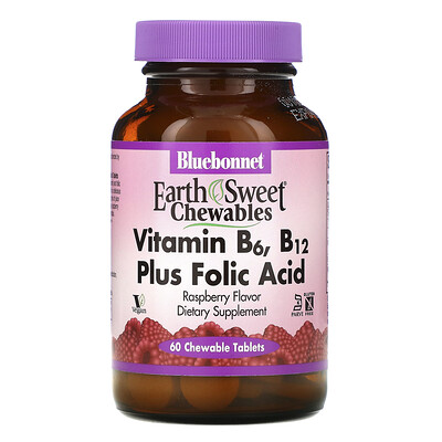 Bluebonnet Nutrition EarthSweet Chewables, Vitamin B6, B12 Plus Folic Acid, Raspberry, 60 Chewable Tablets