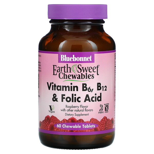Earth Sweet Chewables, Vitamin B6, B12 & Folic Acid, Raspberry, 60 Chewable Tablets