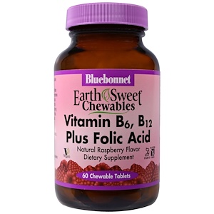 Bluebonnet Nutrition, EarthSweet, Vitamin B-6, B-12 Plus Folic Acid, Raspberry, 60 Chewable Tablets