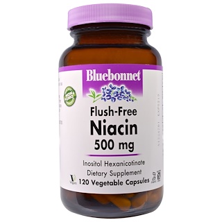 Bluebonnet Nutrition, Ниацин, не содержащий инфузата, 500 мг, 120 капсул в растительной оболочке