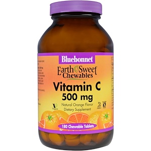 Bluebonnet Nutrition, EarthSweet, витамин C, натуральный апельсиновый ароматизатор, 500 мг, 180 жевательные таблетки