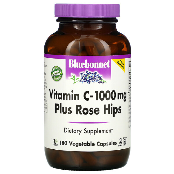 Vitamin C - 1000 mg Plus Rose Hips, 180 Vegetable Capsules