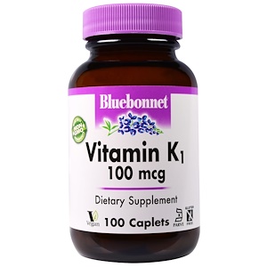Bluebonnet Nutrition, Витамин K1, 100 мкг, 100 капсулообразных таблеток