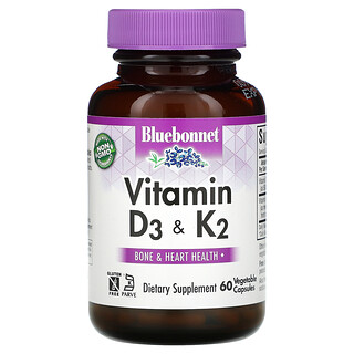 Bluebonnet Nutrition, витамины D3 и K2, 60 вегетарианских капсул