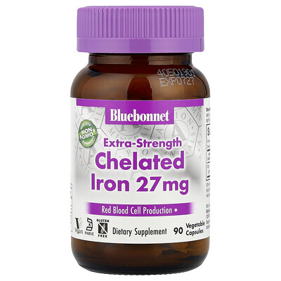 Bluebonnet Nutrition, Hierro quelado, Concentración extra, 27 mg, 90 cápsulas vegetales