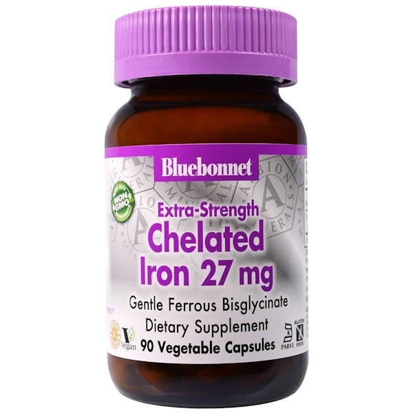 Bluebonnet Nutrition, Хелатное железо Extra Strength, 27 мг, 90 растительных капсул
