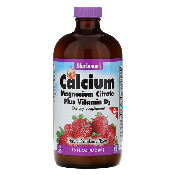 Bluebonnet Nutrition, 液體鈣, 檸檬酸鎂+維生素D3, 天然草莓口味, 16 fl oz (472 ml)