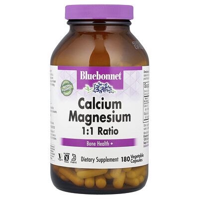 Bluebonnet Nutrition, Calcio y magnesio en proporción 1:1, 180 cápsulas vegetales