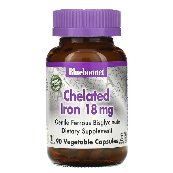 Bluebonnet Nutrition, железо в хелатной форме, 18 мг, 90 растительных капсул