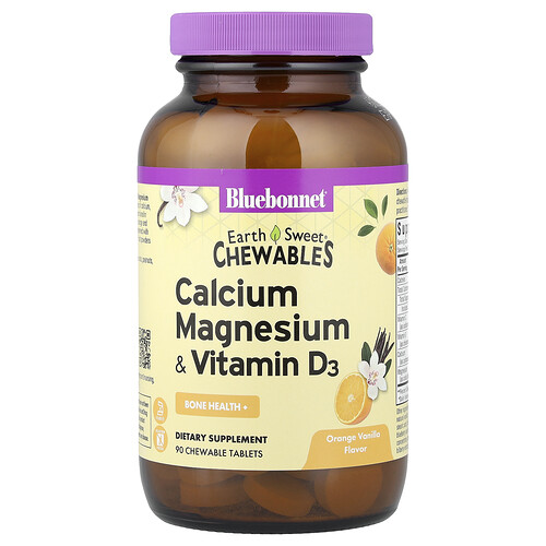 Bluebonnet Nutrition, EarthSweet® Kauprodukte, Calcium, Magnesium & Vitamin D3, Orangen-Vanille, 90 Kautabletten