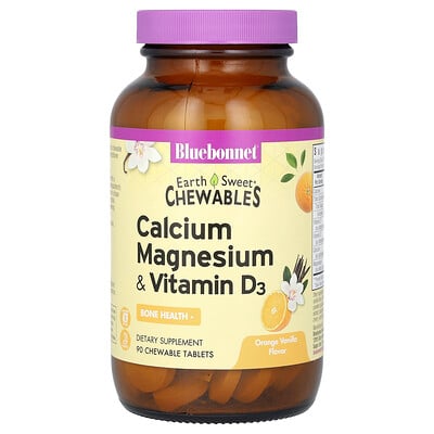 Bluebonnet Nutrition, EarthSweet, Comprimidos masticables, Calcio, magnesio y vitamina D3, Naranja y vainilla, 90 comprimidos masticables