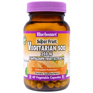 Bluebonnet Nutrition, Суперфрукты, вегетарианская форма супероксиддисмутазы (SOD), экстракт плодов дыни, 250 МЕ, 60 капсул в растительной оболочке