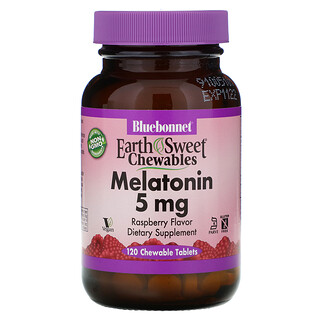 Bluebonnet Nutrition, Masticables EartSweet, melatonina sabor de frambuesa natural, 5 mg, 120 comprimidos masticables
