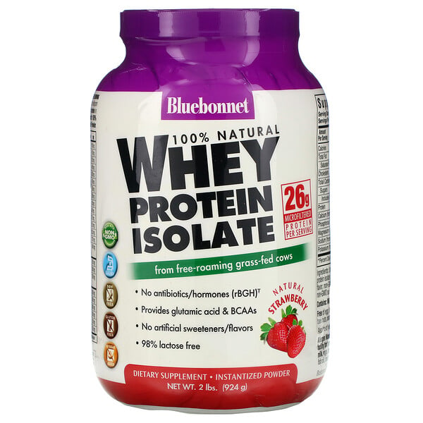 Bluebonnet Nutrition, на 100% натуральный изолят сывороточного протеина, со вкусом натуральной клубники, 924 г (2 фунта)