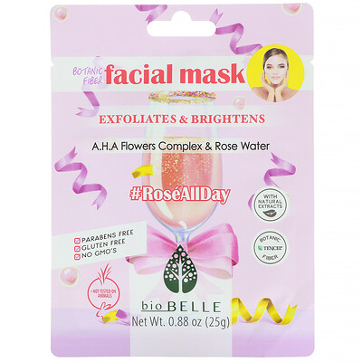 Biobelle #RoseAllDay, тканевая растительная маска для лица, отшелушивает и осветляет, 1 шт., 25 г (0,88 унции)