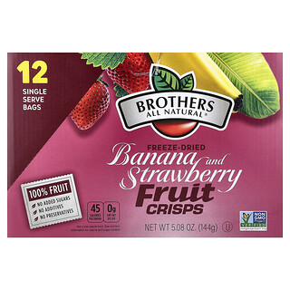 Brothers-All-Natural‏, חטיפי פירות מיובשים בהקפאה, בננה ותות, 12 שקיות להגשה יחידה, 12 גרם (0.42 אונקיות) ליחידה