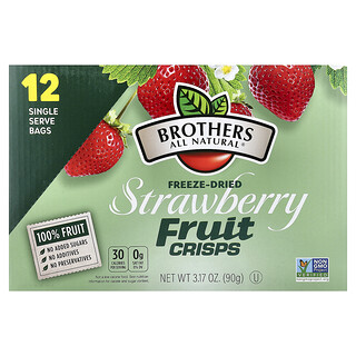 Brothers-All-Natural‏, חטיפי פירות פריכים מיובשים בהקפאה, בטעם תות, 12 שקיות של מנות בודדות, 7.5 גרם (0.26 אונקיות) ליחידה