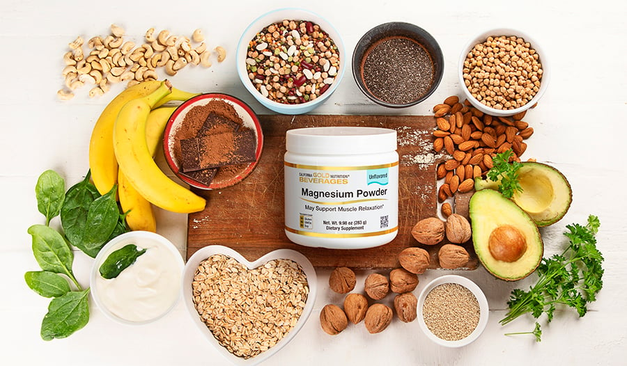 Food sources of magnesium: nuts, seeds, leafy greens, supplements