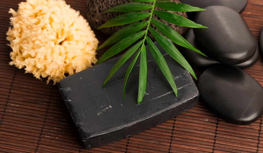 Black soap with leaf and loofa