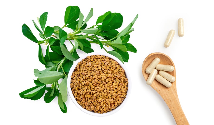 Fenugreek plant, seeds, and supplement on white background