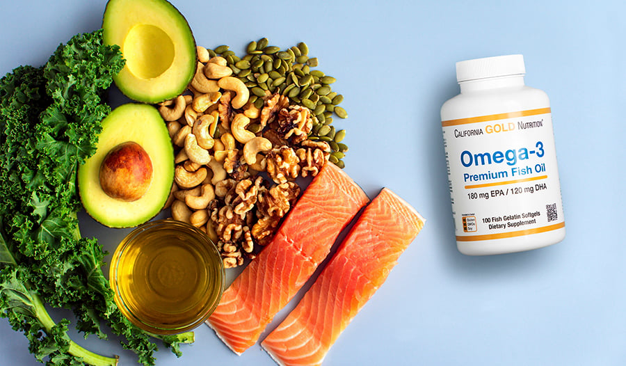 Food sources of omega 3: fish oil, avocado, nuts, salmon, leafy greens