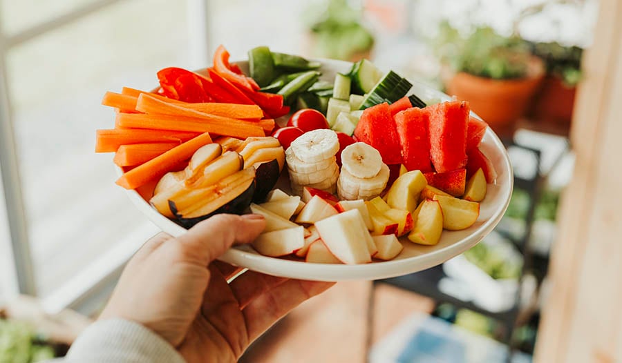 Healthy fruits and vegetables on a plate