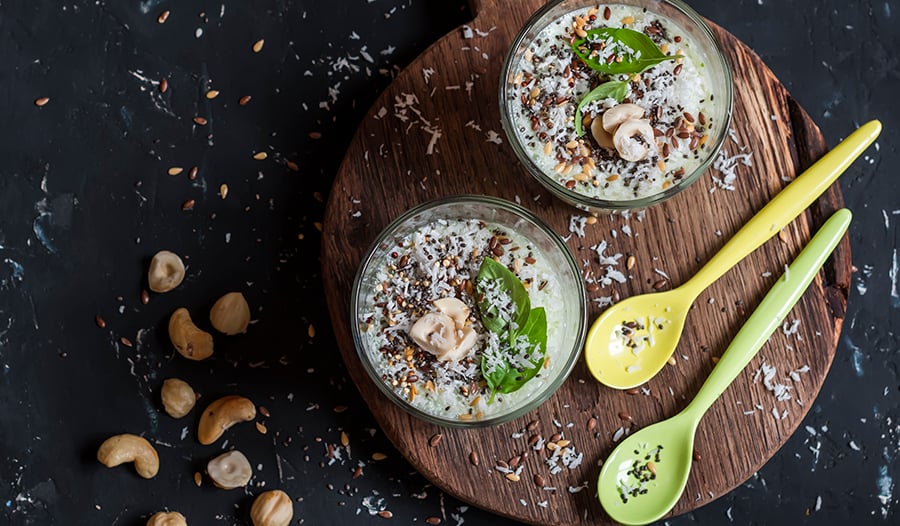 Healthy chia seed pudding with coconut cashew and hazelnuts