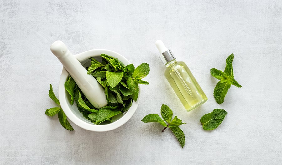 Peppermint oil in glass bottle with peppermint leaves
