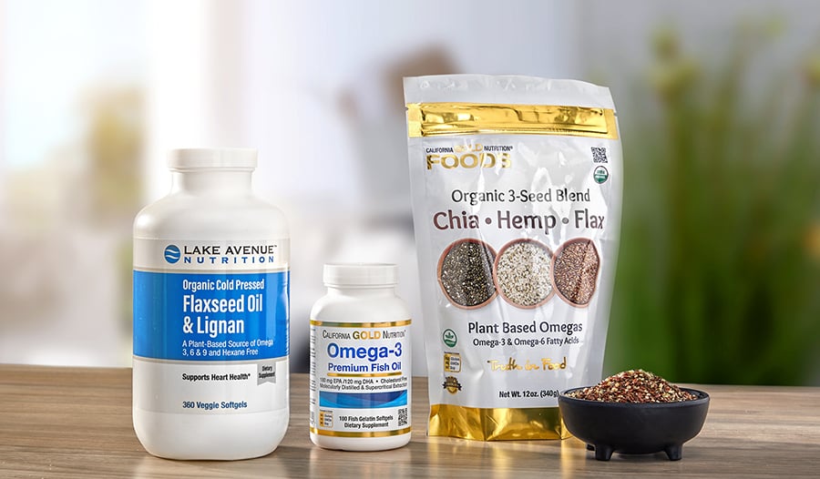 Sources of omega-3 fatty acids: flaxseed oil, fish oil, chia seeds, hemp seeds, flaxseed