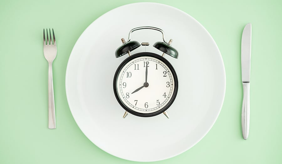 Intermittent fasting concept of alarm clock on plate on green background 