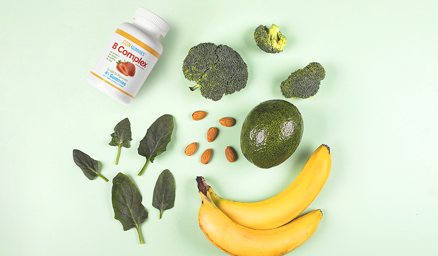 Vitamin b food sources like spinach, broccoli, banana, almonds, and supplement