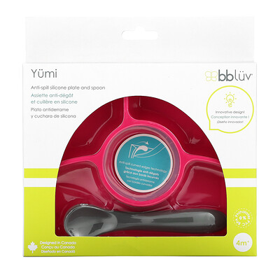 Bbluv Yumi силиконовая тарелка и ложка для защиты от проливания для детей от 4 месяцев розовый 1 набор