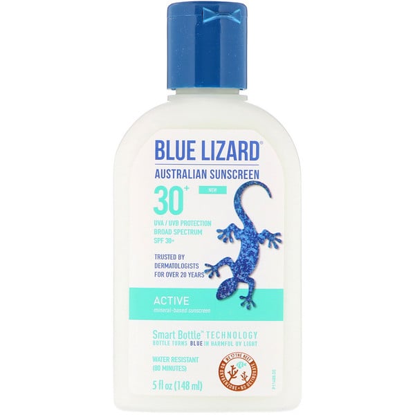 Blue Lizard Australian Sunscreen, アクティブ、ミネラルベースの日焼け止め、SPF数値30+、148ml（5液量オンス）