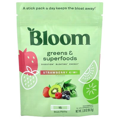 Product Image for Bloom, Greens & Superfoods, Strawberry Kiwi, 15 Stick Packs, 0.21 oz (6.05 g) Each