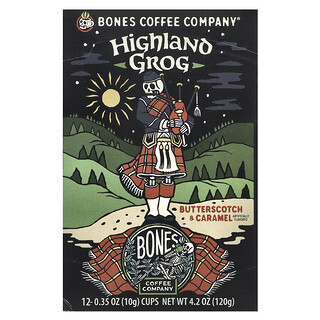 Bones Coffee Company‏, Highland Grog ، أكواب القهوة ، الحلوى والكراميل ، 12 كوبًا ، 0.35 أونصة (10 جم) لكل كوب