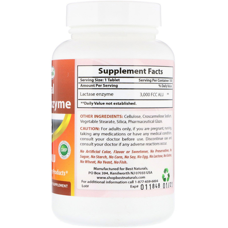 Best Naturals, Natural Lactase Enzyme, 3000 FCC ALU, 180 Tablets iHerb