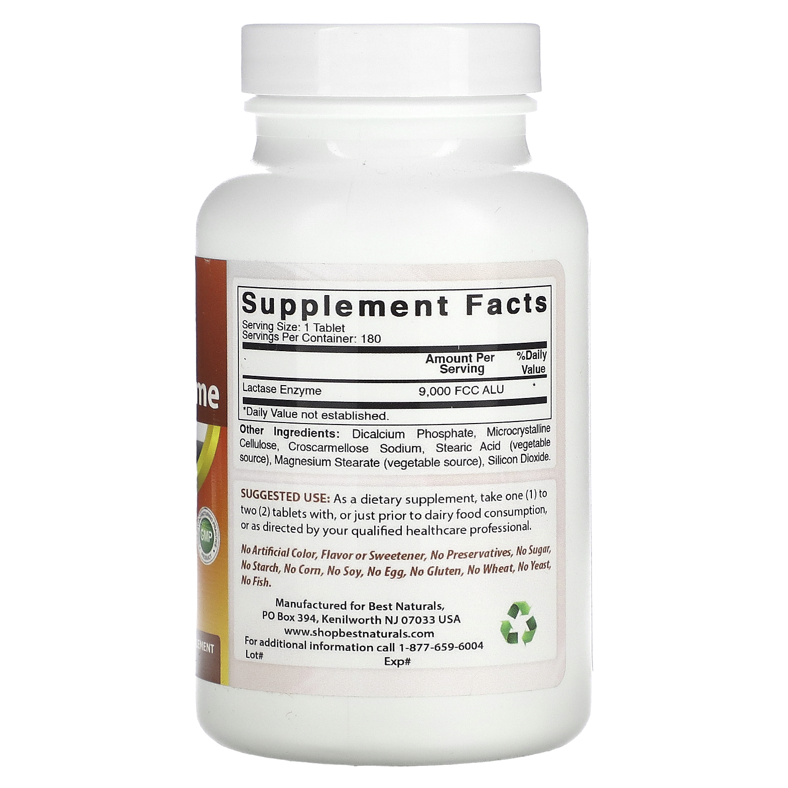 Best Naturals, Natural Lactase Enzyme, 9,000 FCC ALU, 180 Tablets