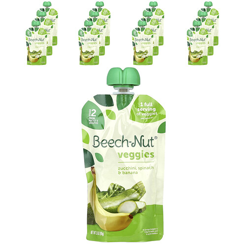 Beech-Nut, Grönsaker, 6+ månader, zucchini, spenat och banan, 12 påsar, 3.5 oz (99 g) vardera