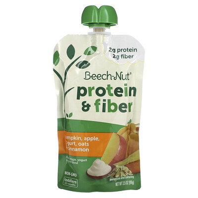 Beech-Nut Фрукты, овощи, смесь йогурта и злаков, белок и клетчатка, от 12 месяцев, тыква, яблоко, йогурт, овес и корица, 99 г (3,5 унции)