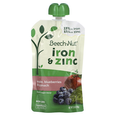 Beech-Nut Смесь фруктов и овощей, железо и цинк, от 12 месяцев, яблоко, голубика и шпинат, 99 г (3,5 унции)